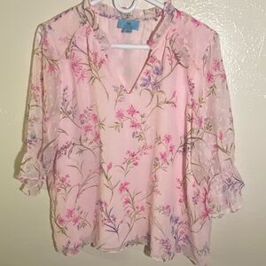 CJ Banks Pink Floral V-Neck Blouse